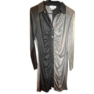 MG Two Tone Ruched Button Down Shirt Dress Black Silver Metallic MG1154 XL NEW